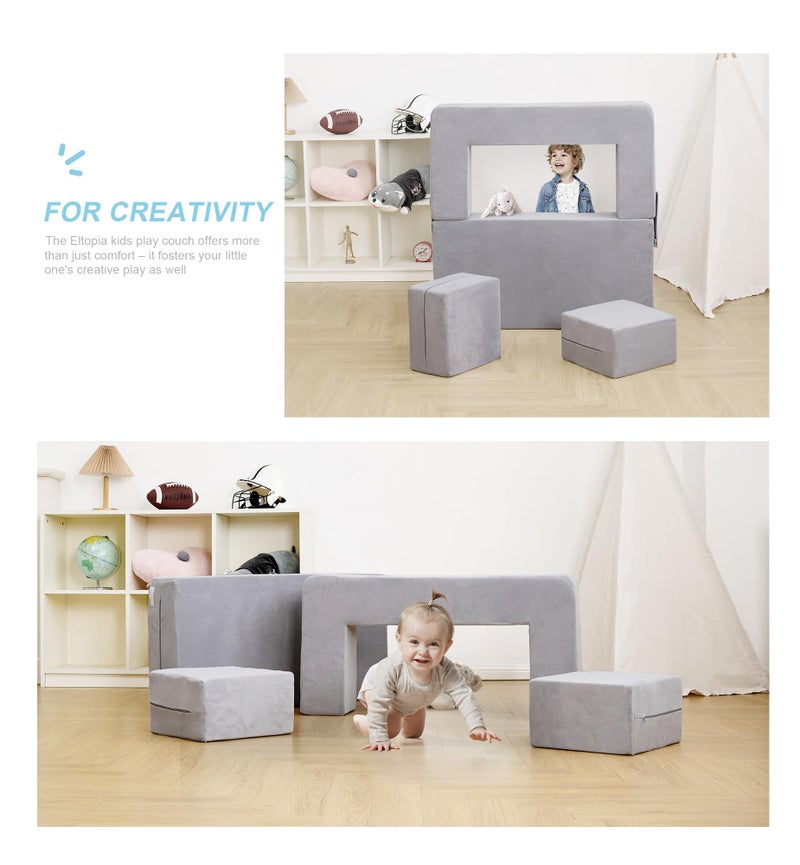 Elftopia Modular Kids Sofa,Toddler Couch Foam Armchair for Kids, Children Convertible Plush Sofa Play Set,Fold Out SofaBed(Grey) - Image 5