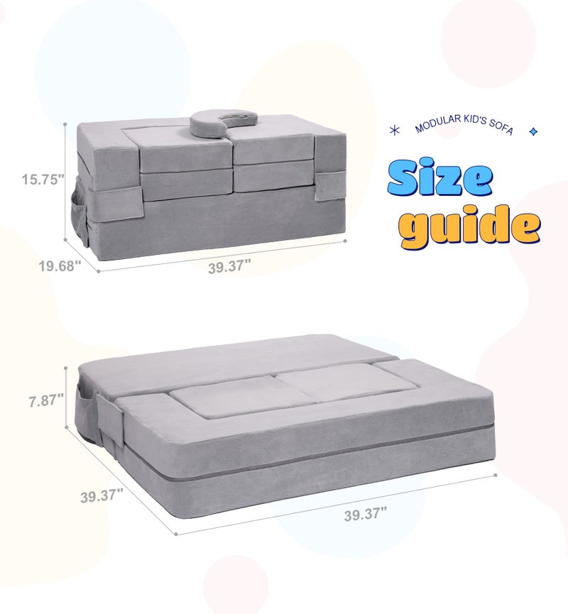 Elftopia Modular Kids Sofa,Toddler Couch Foam Armchair for Kids, Children Convertible Plush Sofa Play Set,Fold Out SofaBed(Grey) - Image 2
