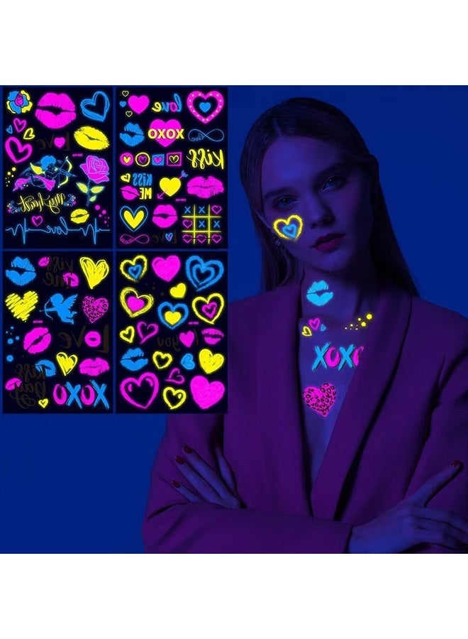 Maripabon Neon Temporary Tattoos New Love Mixed Style Glitter Cupid Red Lips Heart Flower Glow In The Dark UV Neon Tattoos Stickers 60 Flash Fake Waterproof Tattoos for Women Girls Body Art - Image 1