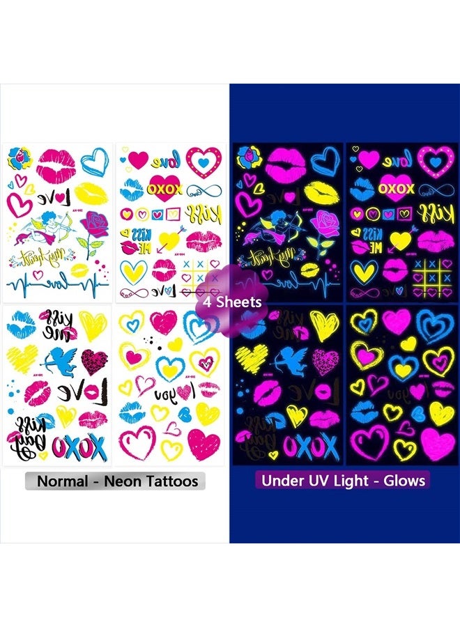 Maripabon Neon Temporary Tattoos New Love Mixed Style Glitter Cupid Red Lips Heart Flower Glow In The Dark UV Neon Tattoos Stickers 60 Flash Fake Waterproof Tattoos for Women Girls Body Art - Image 5