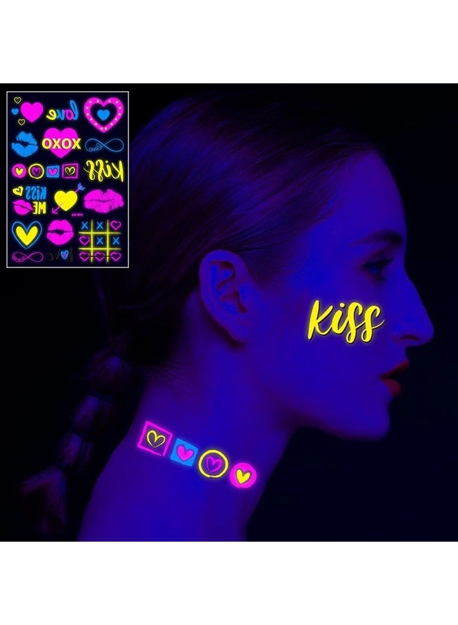 Maripabon Neon Temporary Tattoos New Love Mixed Style Glitter Cupid Red Lips Heart Flower Glow In The Dark UV Neon Tattoos Stickers 60 Flash Fake Waterproof Tattoos for Women Girls Body Art - Image 2