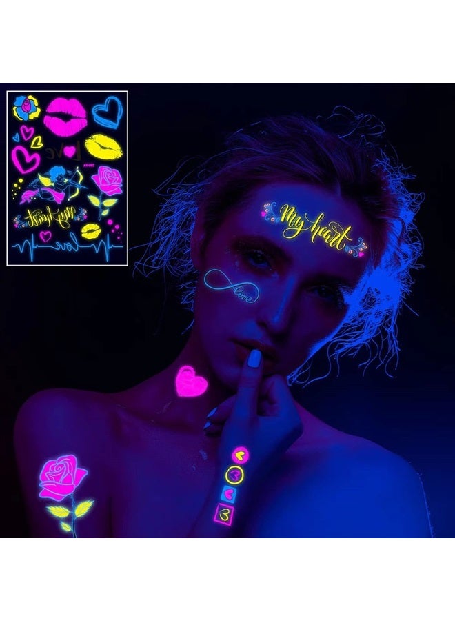Maripabon Neon Temporary Tattoos New Love Mixed Style Glitter Cupid Red Lips Heart Flower Glow In The Dark UV Neon Tattoos Stickers 60 Flash Fake Waterproof Tattoos for Women Girls Body Art - Image 3