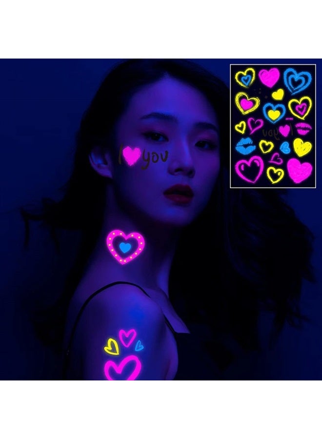 Maripabon Neon Temporary Tattoos New Love Mixed Style Glitter Cupid Red Lips Heart Flower Glow In The Dark UV Neon Tattoos Stickers 60 Flash Fake Waterproof Tattoos for Women Girls Body Art - Image 4