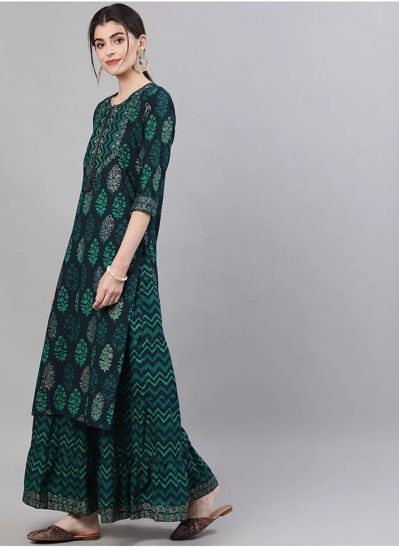 آي شين Women's Navy Blue 100% Cotton Self Design Full Length Palazzo Kurta Set