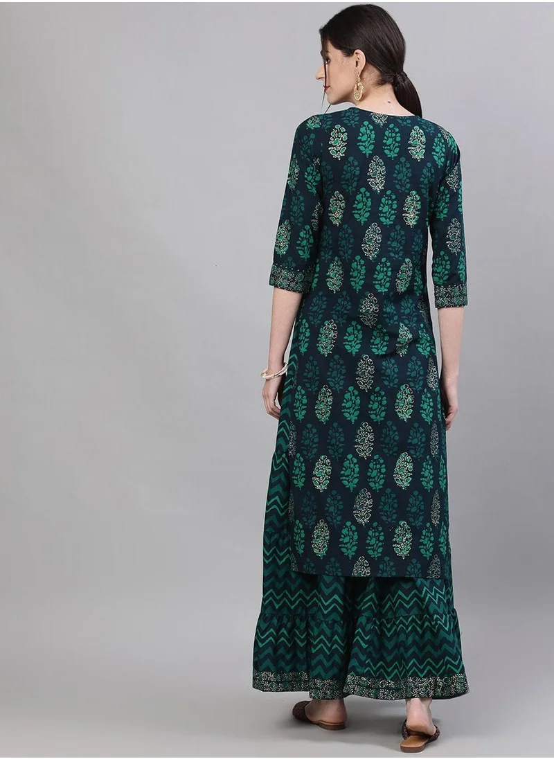 آي شين Women's Navy Blue 100% Cotton Self Design Full Length Palazzo Kurta Set