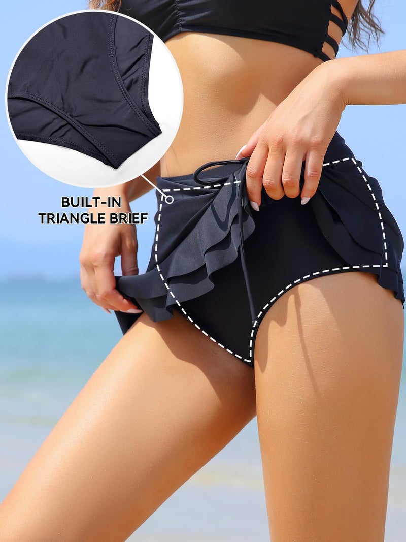 SHEKINI Women's Swimdress Ruffle Swim Skirt High Waist Side Pull Tie Swimsuit Bottom (Black, Medium) - Image 3