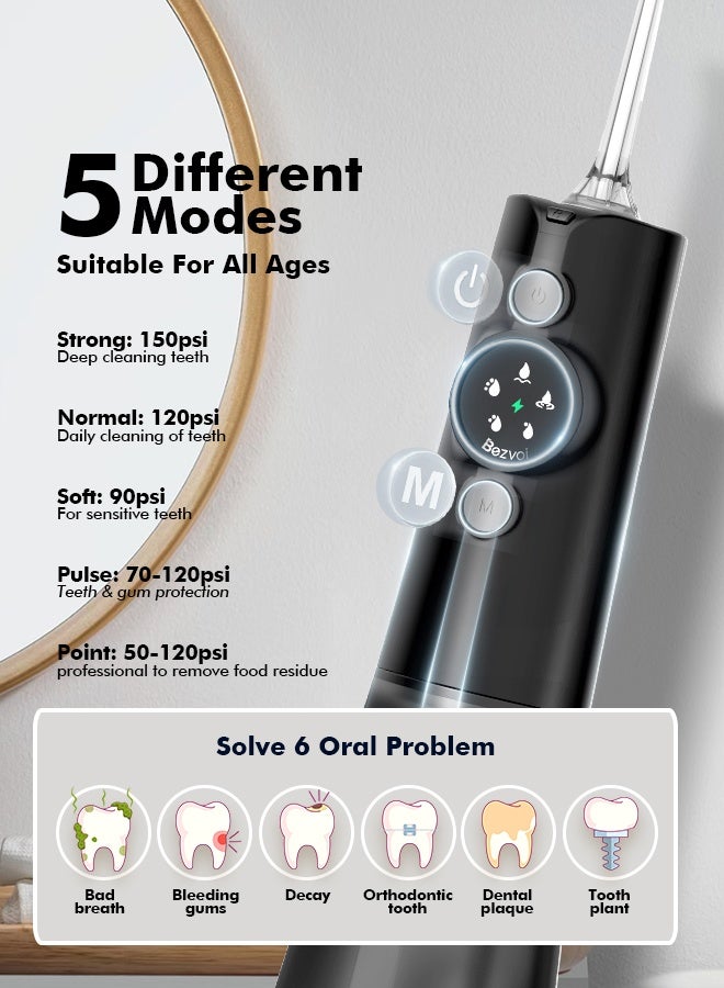 Bezvoi Water Dental Flosser Cordless: Water Floss Teeth Pick LED Display 5 Modes, 300ML Water Tank, IPX7 Waterproof Portable Oral Irrigator with 6 Jet Tips for Travel, Home (Black) - Image 3