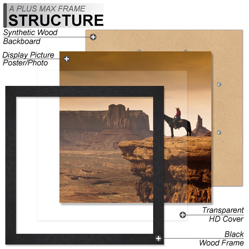 A PLUS MAX A PLUS MAX Square 12x12 Frame  Black Engineered Wood Picture Frame for 12 x 12 Picture Poster Photo  Light Weight 12 by 12 Frame with Wood-grain for Wall - 1 Pack/Black/12 x12  - Image 2