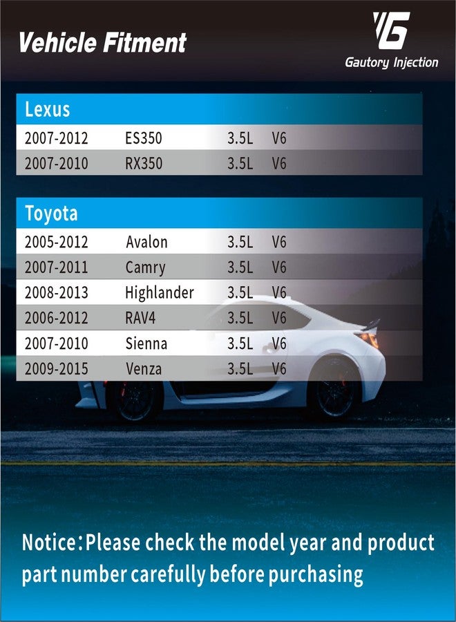 حاقنات وقود 23250-31050 متوافقة مع تويوتا كامري 2007-2011، أفالون 2005-2012، راف 3 2006-2012، هايلاندر 2008-2013، ولـ لكزس ES350 RX350 2007-2012 V6 سعة 3.5 لتر، طقم من 6 قطع، بديل لـ FJ763 23209-31050 - Image 2