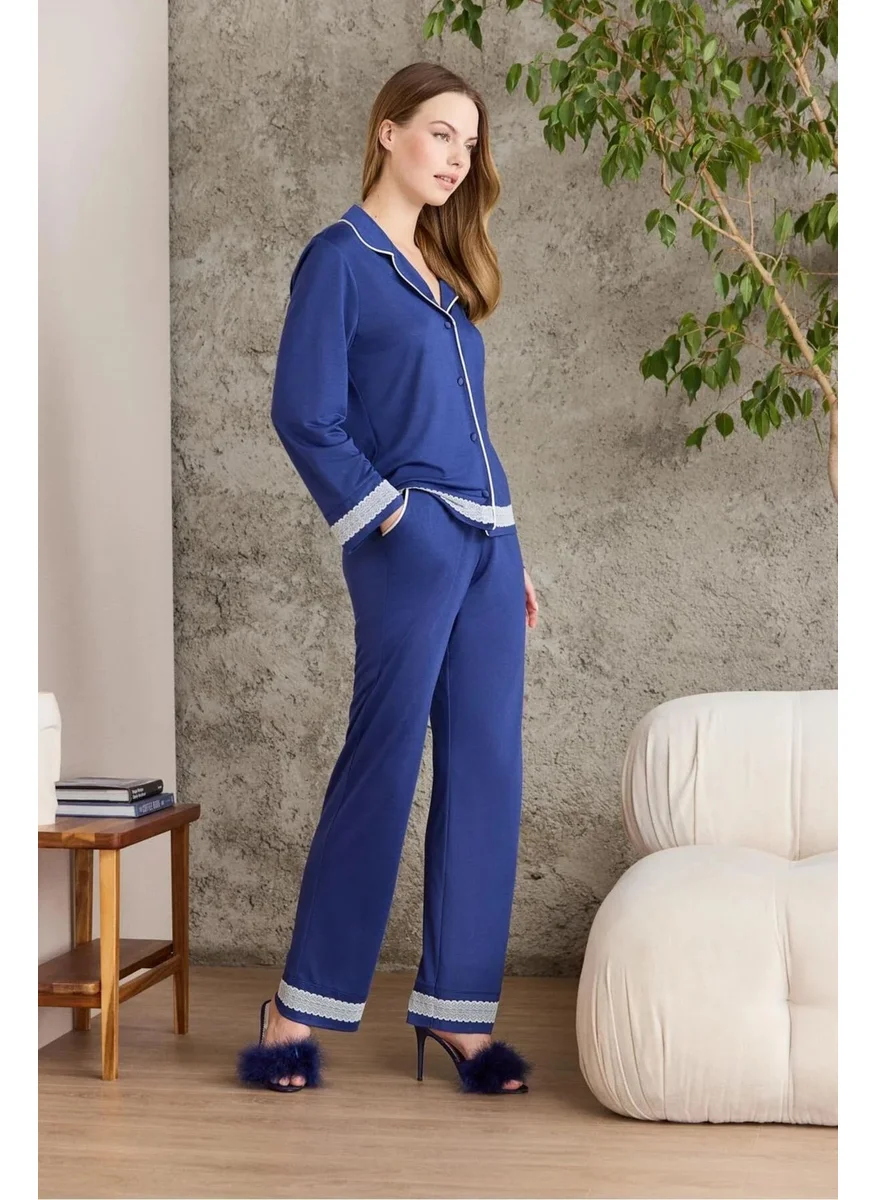 pierre cardin 2200 Women's Long Sleeve Shirt Pajama Set-Navy Blue
