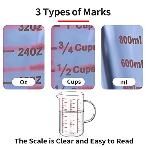 Luvan 34OZ/1000ML Glass Measuring Cup, 4 Cup Glass Measuring Cups With 3 Scales (Ml/Oz/Cup), High Borosilicate Measuring Cup With Handle and V-Shaped Spout, Dishwasher/Freezer/Microwave Safe - Image 3