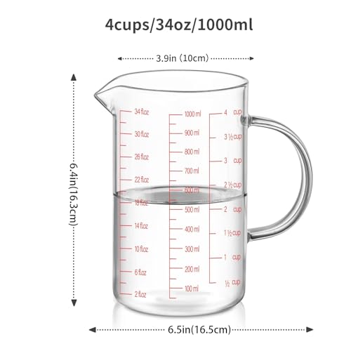 Luvan 34OZ/1000ML Glass Measuring Cup, 4 Cup Glass Measuring Cups With 3 Scales (Ml/Oz/Cup), High Borosilicate Measuring Cup With Handle and V-Shaped Spout, Dishwasher/Freezer/Microwave Safe - Image 2