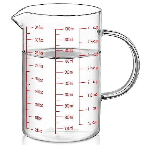Luvan 34OZ/1000ML Glass Measuring Cup, 4 Cup Glass Measuring Cups With 3 Scales (Ml/Oz/Cup), High Borosilicate Measuring Cup With Handle and V-Shaped Spout, Dishwasher/Freezer/Microwave Safe - Image 1