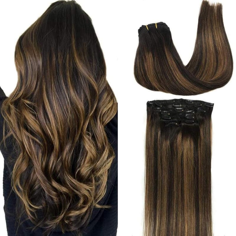 GOO GOO Clip in Hair Extensions Real Human Hair Remy Human Hair Extensions Clip ins for Women Natural Human Hair 12inch 85g 7Pcs 1B61B Balayage Natural Black to Chestnut Brown