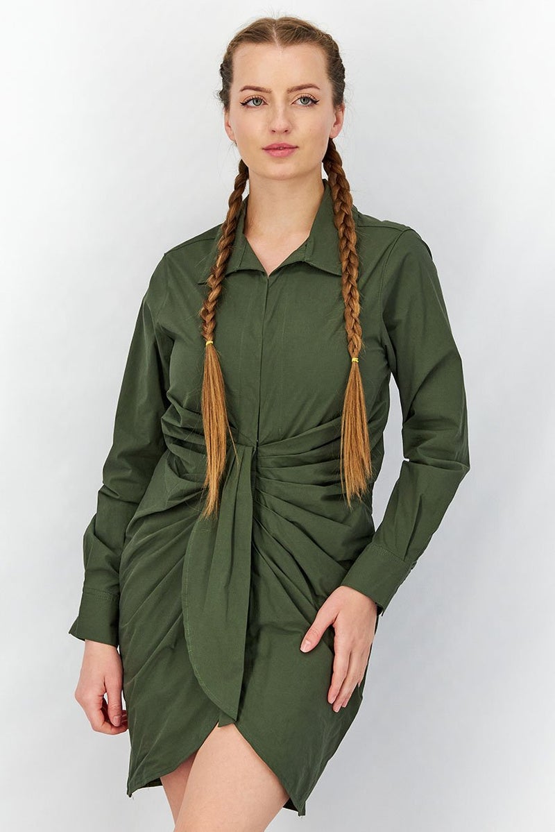 The Giving Movement Women Long Sleeve Rouched Shirt Dress, Khaki - Image 1