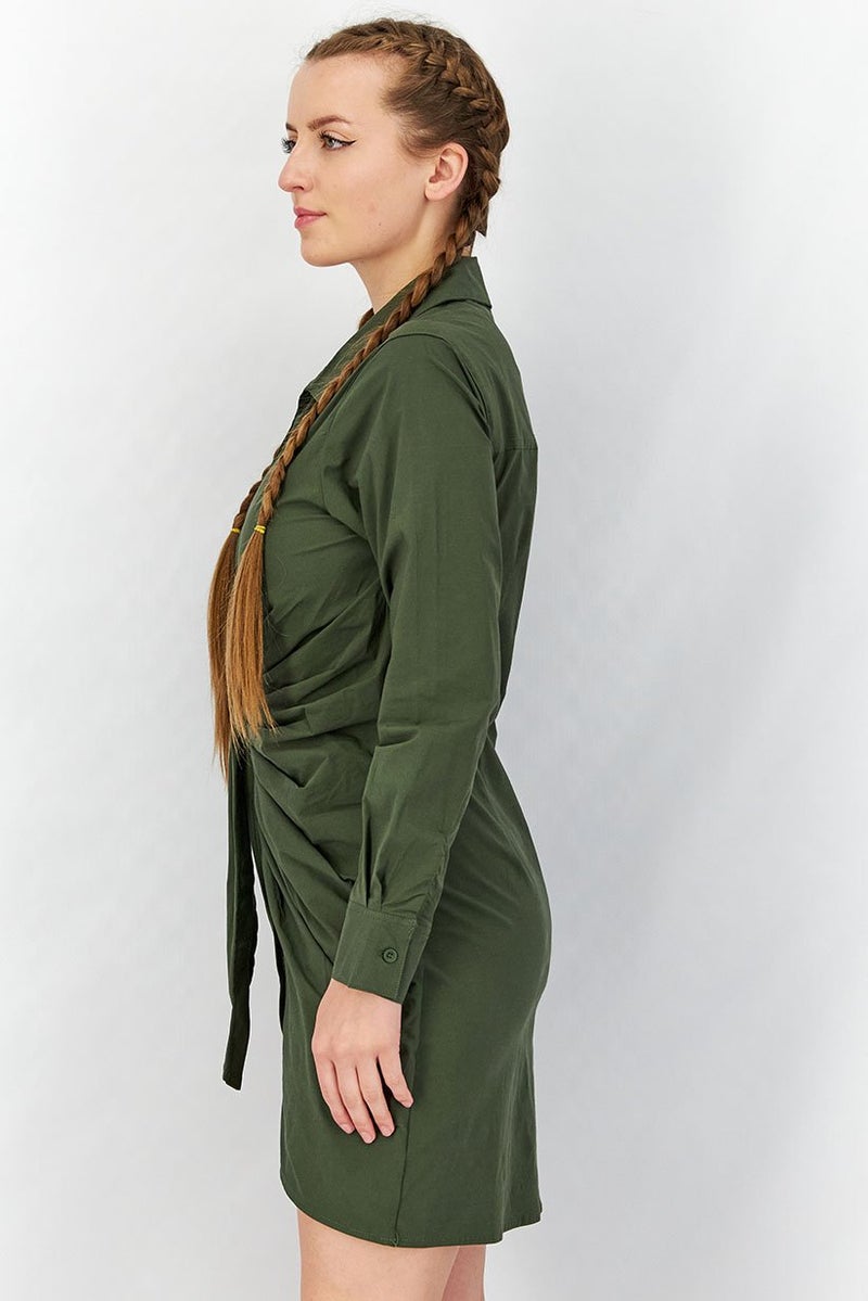 The Giving Movement Women Long Sleeve Rouched Shirt Dress, Khaki - Image 3
