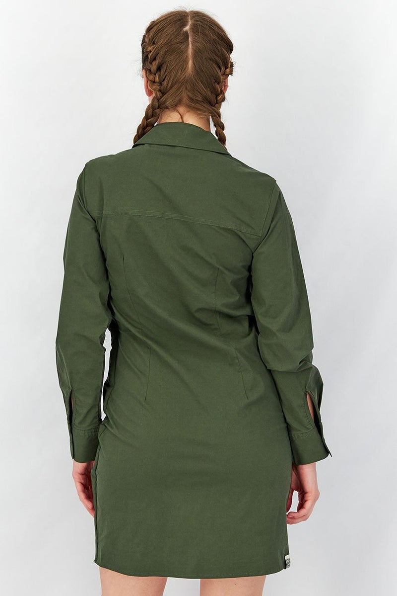 The Giving Movement Women Long Sleeve Rouched Shirt Dress, Khaki - Image 4