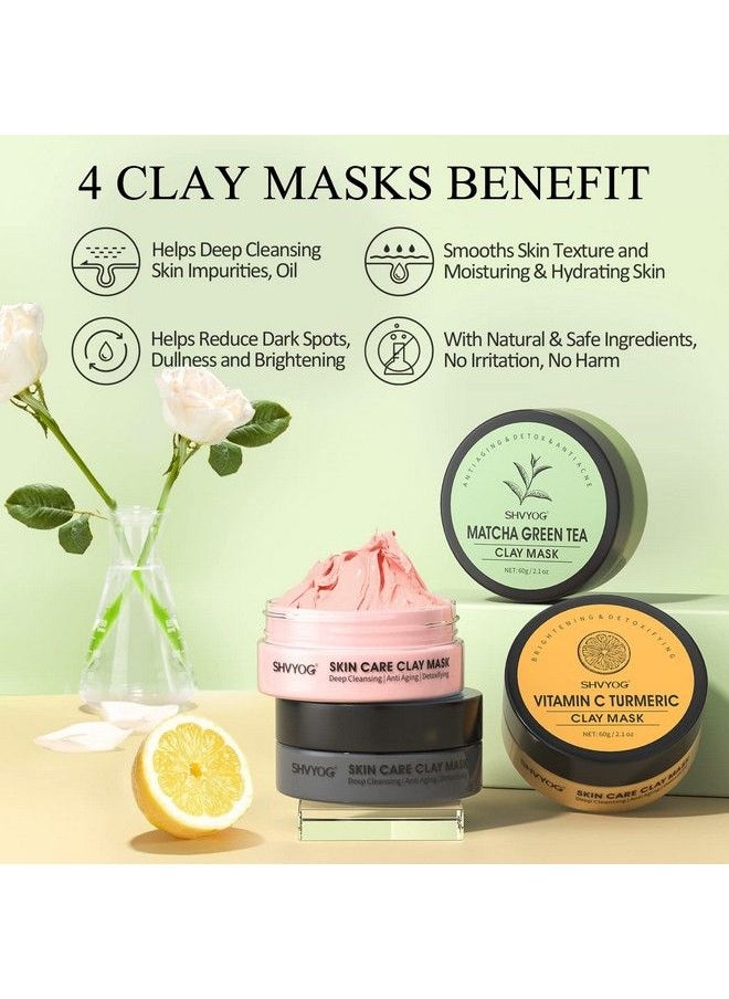 SHVYOG - 4 Pcs Clay Mask Set Turmeric Vitamin C Clay Mask Green Tea Mask Dead Sea Mud Mask Rose Clay Mask Skin Care Face Mask Clay Facial Mask For Deep Cleansing Moisturizing And Refining Pores (240G In Total) - Image 1