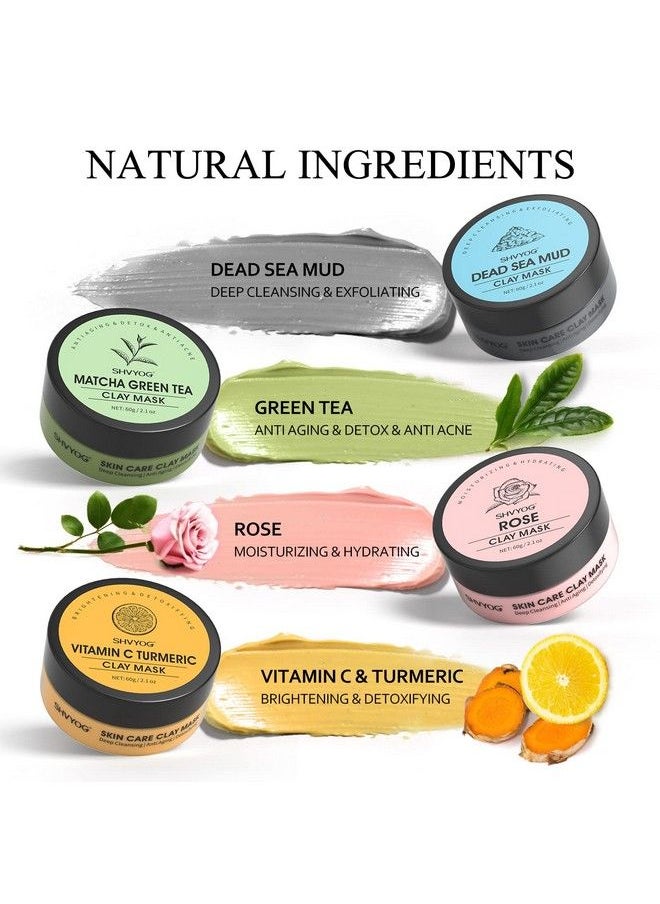 SHVYOG - 4 Pcs Clay Mask Set Turmeric Vitamin C Clay Mask Green Tea Mask Dead Sea Mud Mask Rose Clay Mask Skin Care Face Mask Clay Facial Mask For Deep Cleansing Moisturizing And Refining Pores (240G In Total) - Image 1
