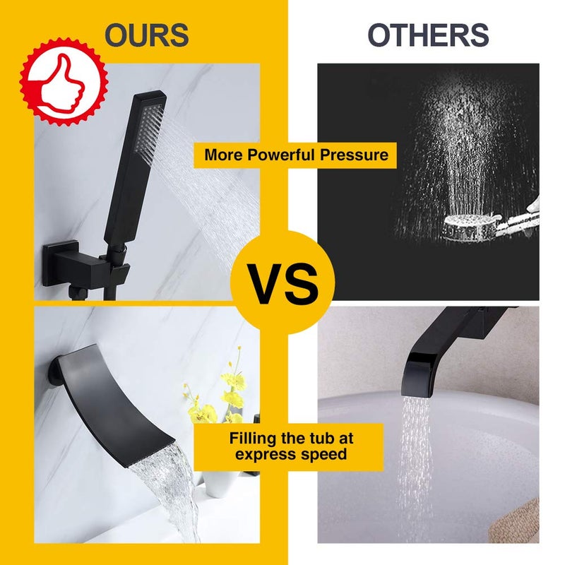 Deoler Wall Mount Bathtub Faucet With Handheld Shower Matte Black Modern Bathroom Single Handle Tub Filler With High Flow Waterfall Spout Solid Brass Tub Shower Faucet Set Rough-In Valve - Image 2
