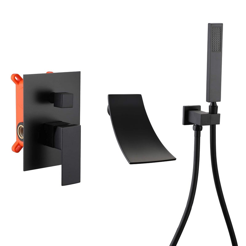 Deoler Wall Mount Bathtub Faucet With Handheld Shower Matte Black Modern Bathroom Single Handle Tub Filler With High Flow Waterfall Spout Solid Brass Tub Shower Faucet Set Rough-In Valve - Image 1