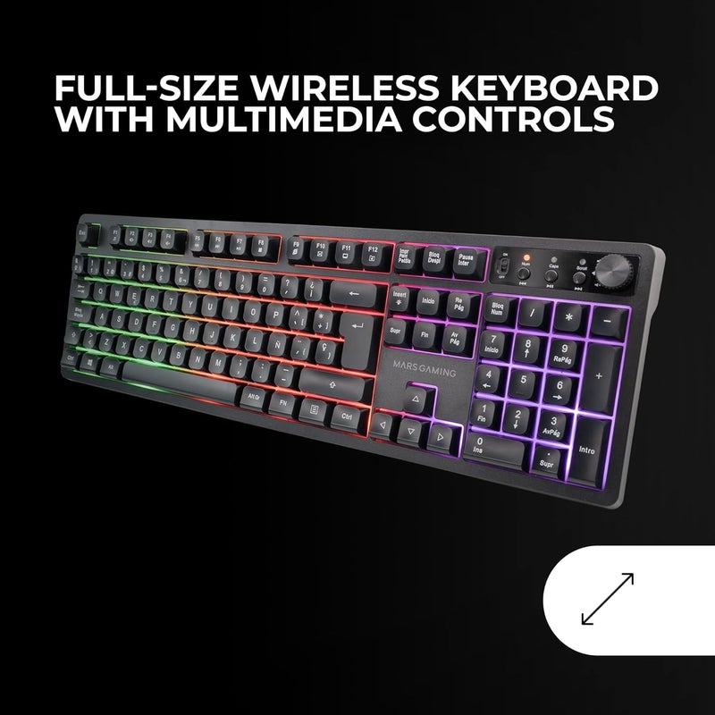 MARS GAMING MCPWX, Wireless Gaming Combo, DualPro Link 2.4GPRO Technology, FRGB Full Keyboard with Multimedia Control + RGB Mouse 3200DPI + Non-Slip Mat 360x260mm, Black, Portuguese - Image 3