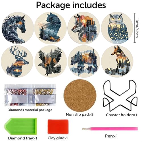 NEGEKFKX 8 Pcs Diamond Art Painting Coasters Kits,Animal Landscape Coaster with Holder for Adults, Non-Slip DIY Dot Paint Craft Kits,5D Full Drill DIY Diamond Dot Gem Art Kit Home Decor Arts Craft - Image 4