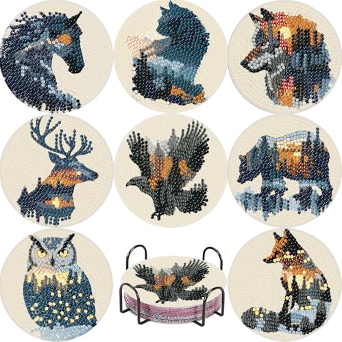NEGEKFKX 8 Pcs Diamond Art Painting Coasters Kits,Animal Landscape Coaster with Holder for Adults, Non-Slip DIY Dot Paint Craft Kits,5D Full Drill DIY Diamond Dot Gem Art Kit Home Decor Arts Craft - Image 1