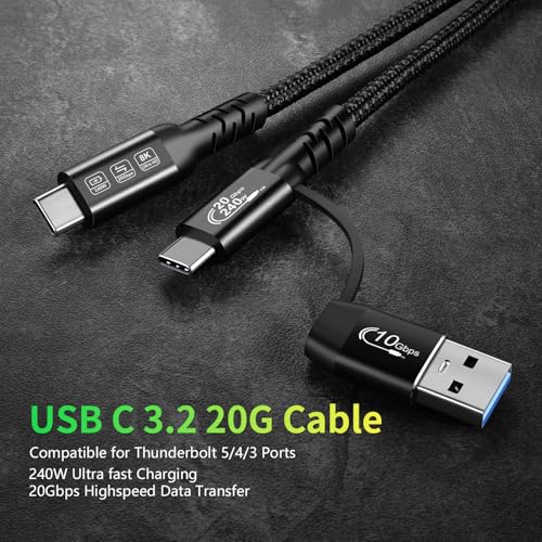 CHENLENIC USB C Cable,USbC 3.2 Gen 2X2 20Gbps,Multi Functional 2in1 USB A to Type C 8K@60Hz UHD Video 5A/240W PD3.1 Fast Charge Cord Compatible with Thunderbolt 3/4 MacBook Pro Samsung (USB C 100CM) - Image 4
