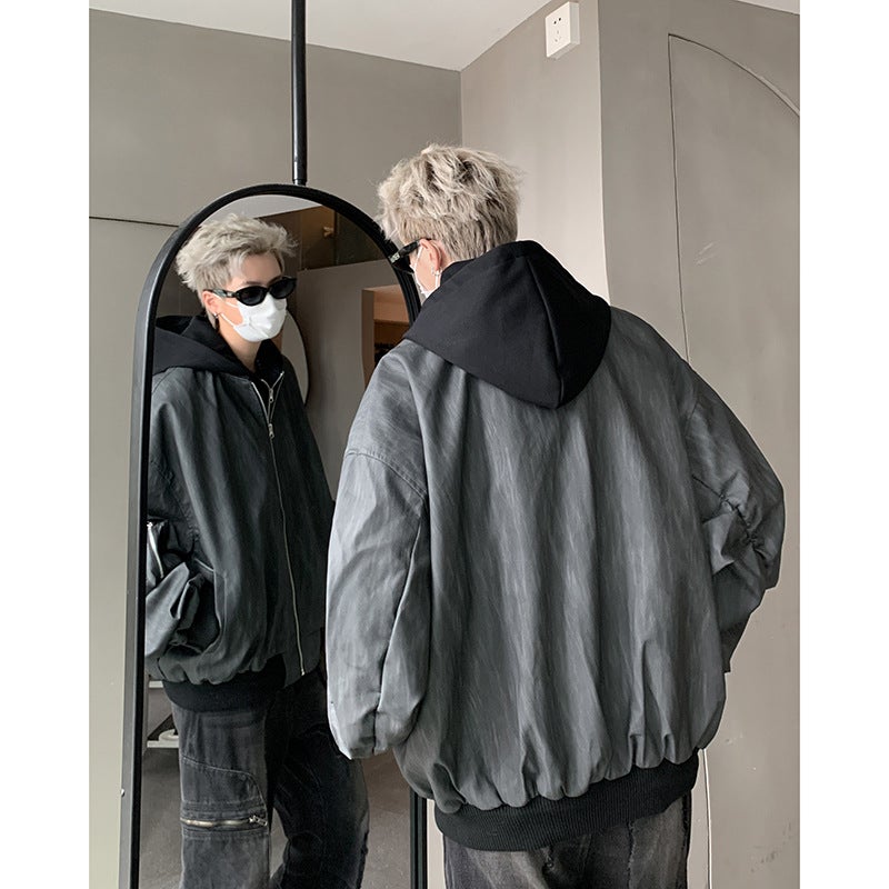 Two-Piece Illusion Hooded Leather Jacket For Men Trendy American Style Streetwear Loose Fit Bomber Jacket Dull Black Black gray