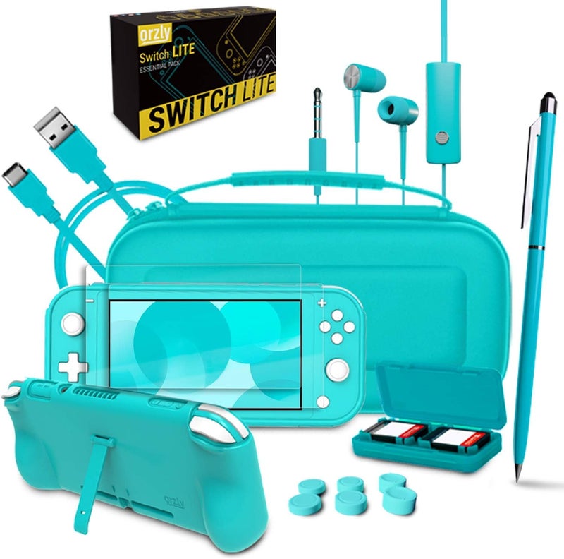 Orzly Switch Lite Accessories Bundle - Case & Screen Protector for Nintendo Switch Lite Console, USB Cable, Games Holder, Grip Case, Headphones, Thumb-Grip Pack & More (Gift Pack - Turquoise Blue) - Image 3