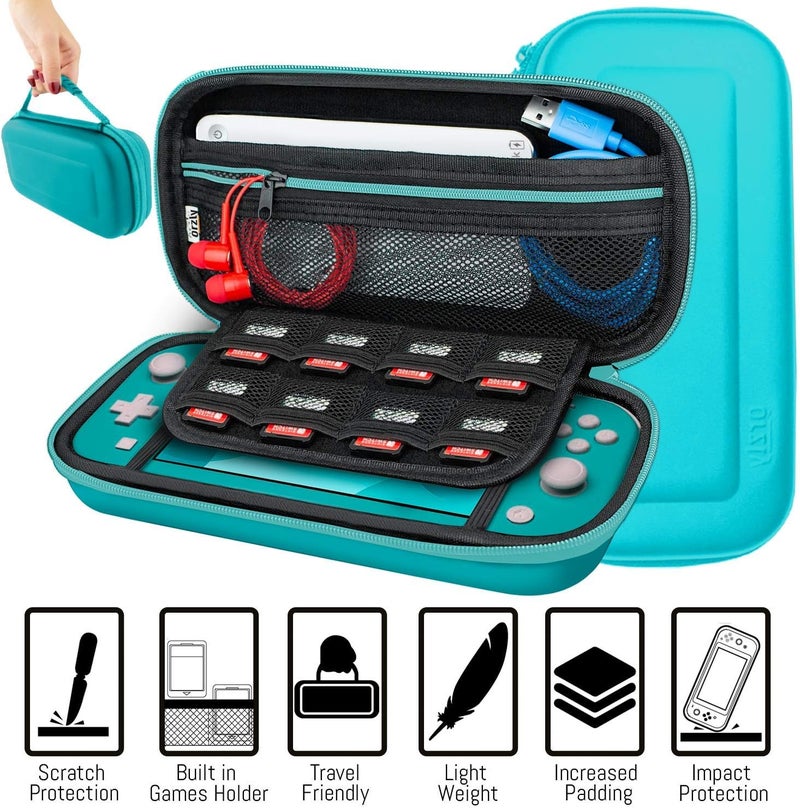 Orzly Switch Lite Accessories Bundle - Case & Screen Protector for Nintendo Switch Lite Console, USB Cable, Games Holder, Grip Case, Headphones, Thumb-Grip Pack & More (Gift Pack - Turquoise Blue) - Image 5