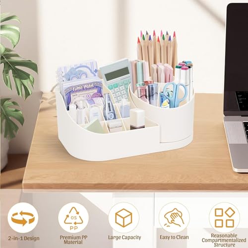 HOLLIO 360 Degree Rotating Desk Organizer Makeup Brush Organizers and Pencil Pen Organizers for Desk Desktop Storage Stationery Supplies Cute Pencil Cup Pot for Office School Home (WHITE) - Image 3