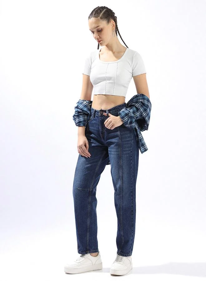 هاي ستار جينز قطن نسائي بخصر عالٍ وقصة برميلية وتلاشي خفيف