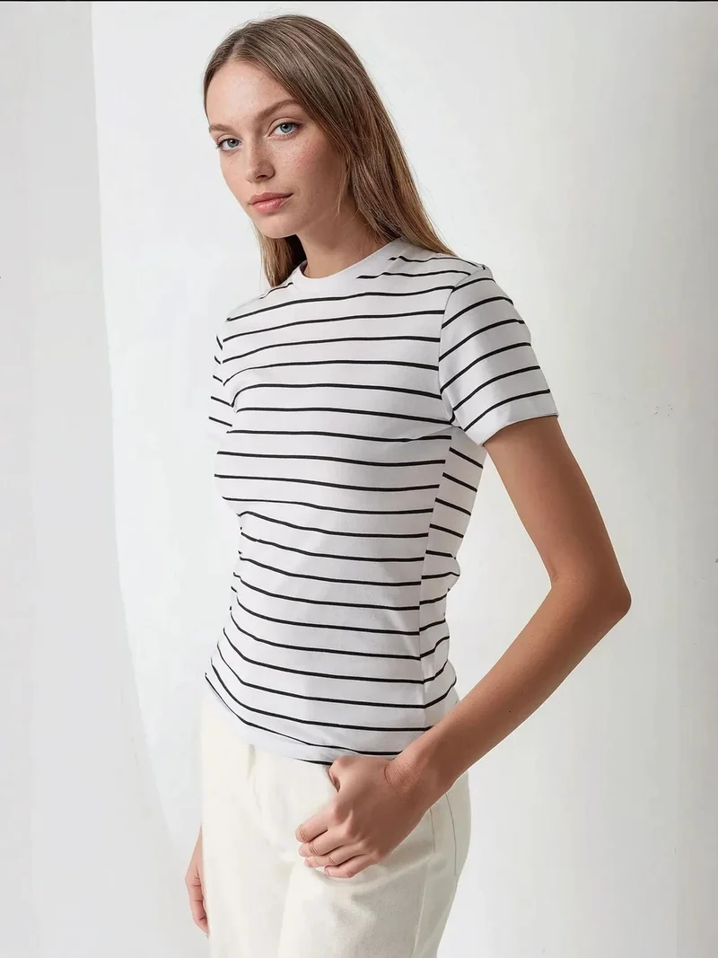 HICCUP Striped Crew Collar T-Shirt