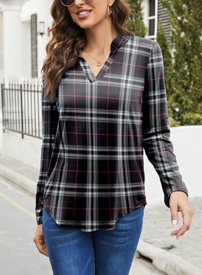 Halife Juniors 3/4 Sleeve Tops and Blouses Casual V Neck Black Plaid Shirts Black1 S - Image 3
