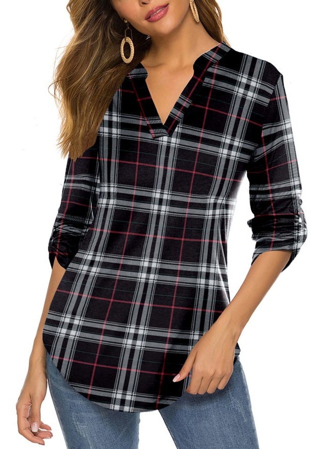 Halife Juniors 3/4 Sleeve Tops and Blouses Casual V Neck Black Plaid Shirts Black1 S - Image 1
