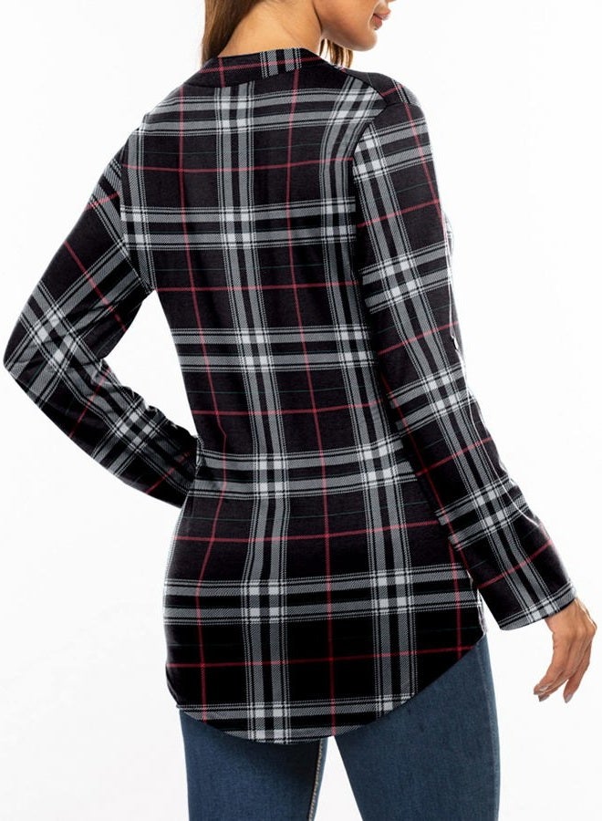 Halife Juniors 3/4 Sleeve Tops and Blouses Casual V Neck Black Plaid Shirts Black1 S - Image 2