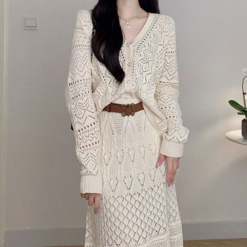 French Style Fragrant Fashion Hollow Knitted suit 2024 New Style Elegant Ladies Skirt suit with Lining Cardigan + skirt [free belt]