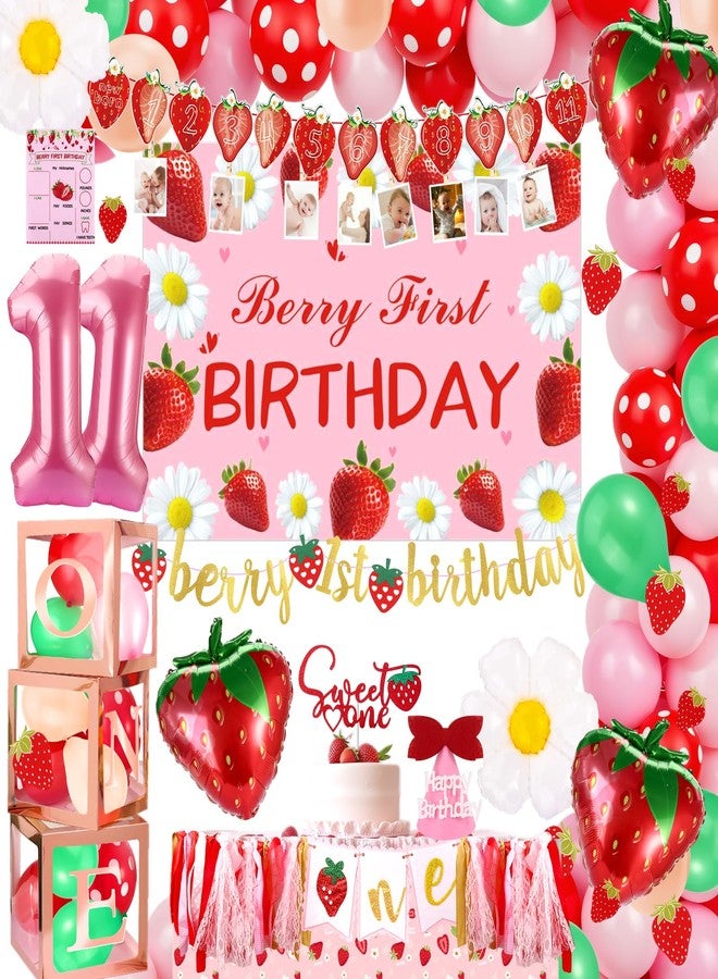 Draupnir First Birthday Decorations for Girl, 1st Birthday Decorations Party Supplies, Strawberry Theme Backdrop Party Decor Sweet Strawberry Balloons for 1st Party - Image 1