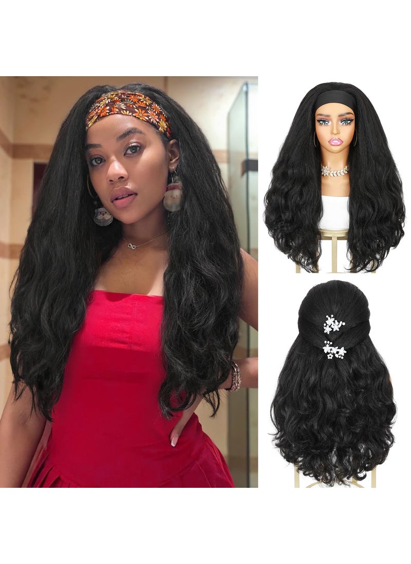 Quantum Love - Quantum Love Yaki Curly Headband Wigs for Black Women Kinky Straight Black Headband Curly Ends 26inch Synthetic Wear and Go Glueless half Wig with Headbands Attached - Image 1