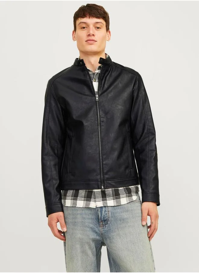 JACK & JONES Leather Look Biker Jacket with Zip Closure