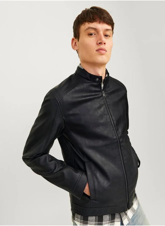 JACK & JONES Leather Look Biker Jacket with Zip Closure