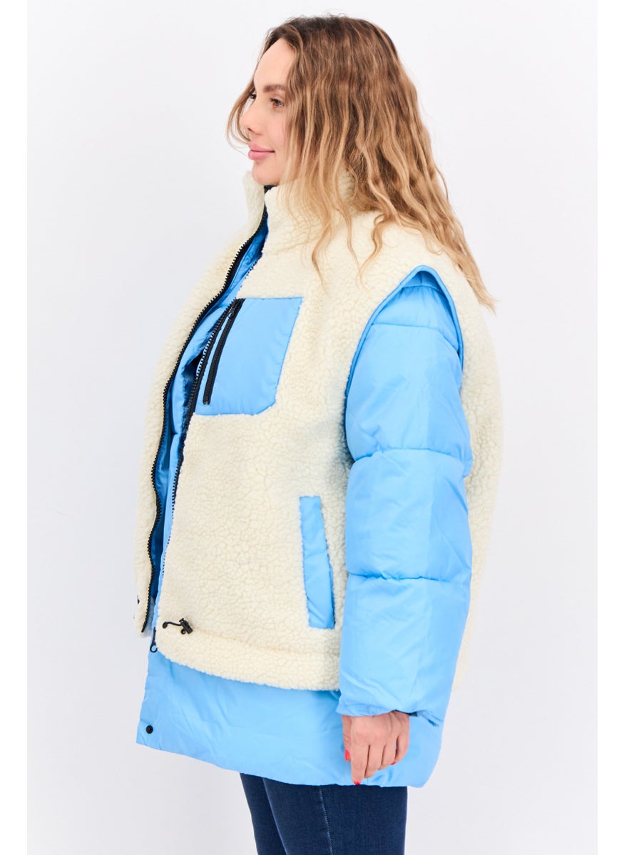 Asos Design - Women Petite Detachable 2 In 1 Borg Gilt Puffer Jacket, Blue - Image 1
