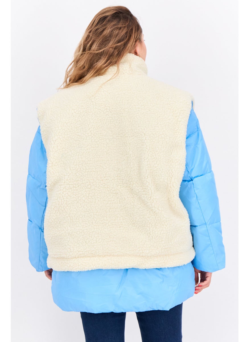 Asos Design - Women Petite Detachable 2 In 1 Borg Gilt Puffer Jacket, Blue - Image 1