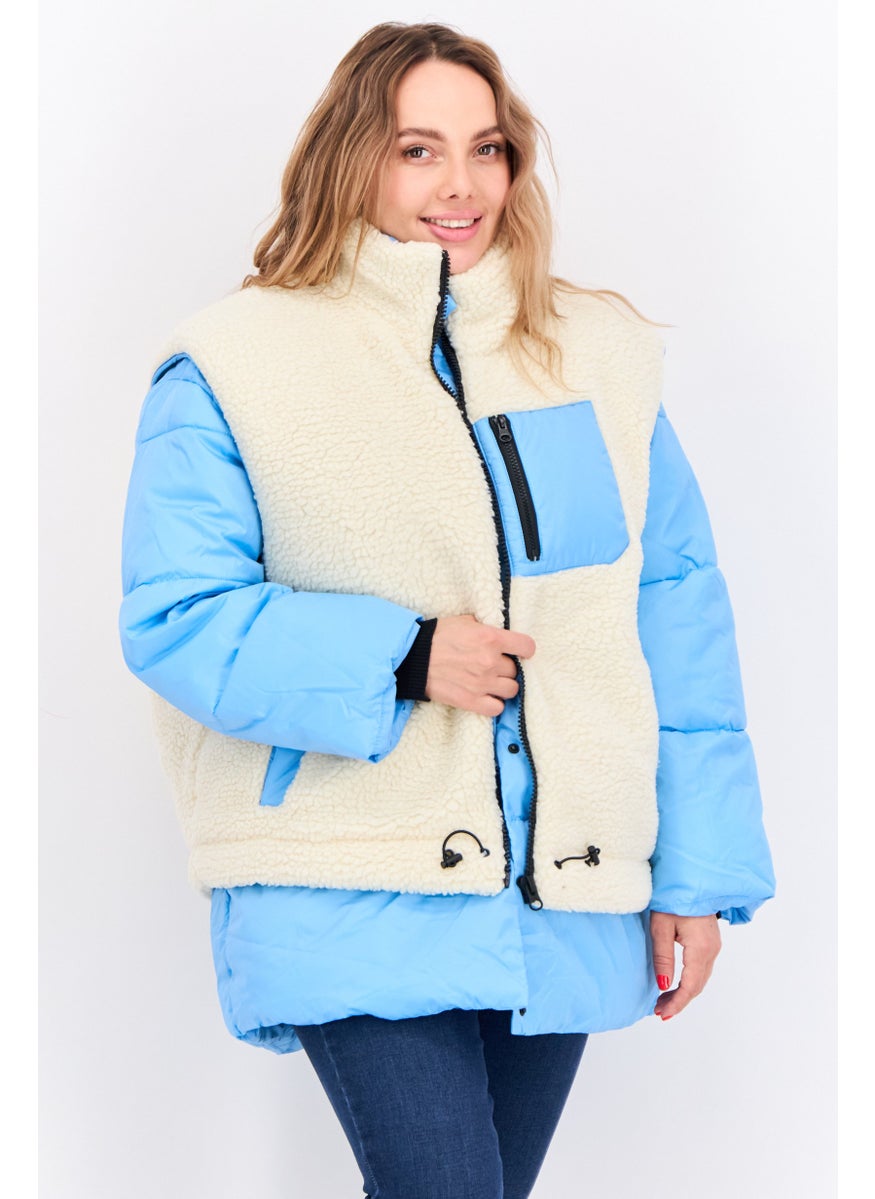 Asos Design - Women Petite Detachable 2 In 1 Borg Gilt Puffer Jacket, Blue - Image 1