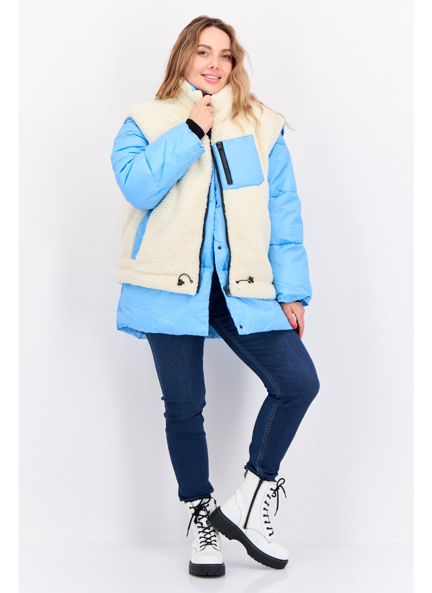 Asos Design - Women Petite Detachable 2 In 1 Borg Gilt Puffer Jacket, Blue - Image 1