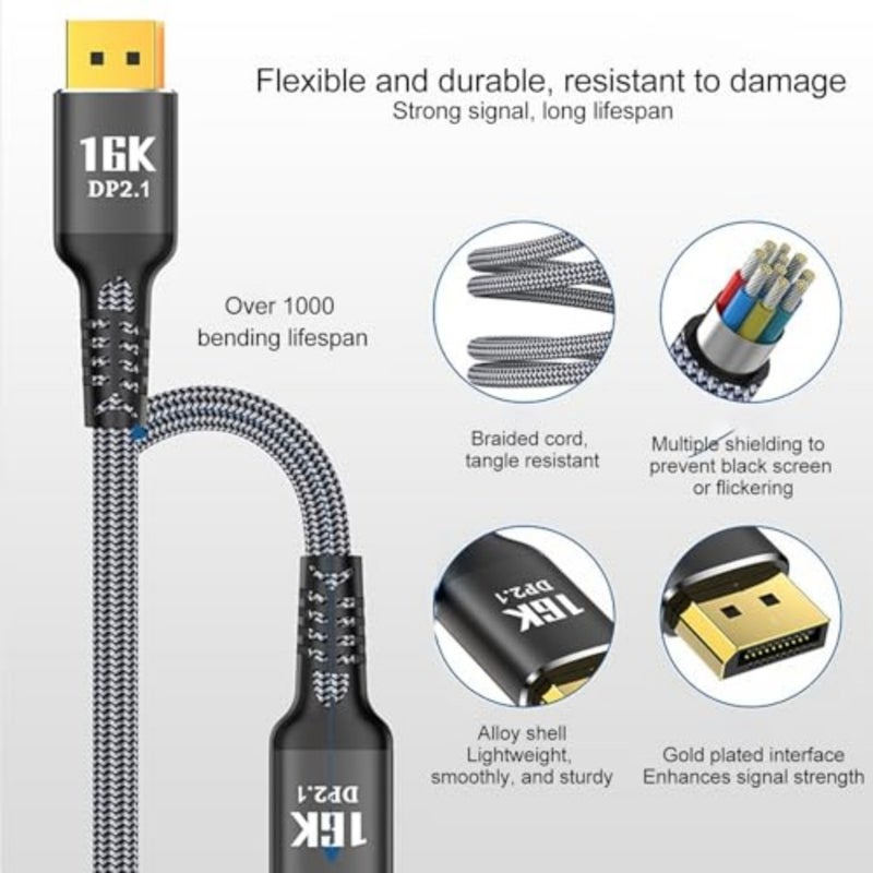 كابل DisplayPort 2.1 للألعاب، 5 متر DP إلى DP 2.0، 40 جيجابت في الثانية، 16K@30 هرتز/8K@60 هرتز/4K@240 هرتز، HDR ديناميكي، متوافق مع FreeSync/G-Sync، أسود، مجدول عالي السرعة - Image 3