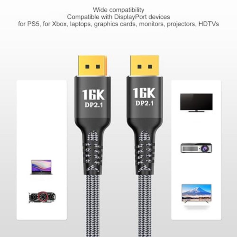 كابل DisplayPort 2.1 للألعاب، 5 متر DP إلى DP 2.0، 40 جيجابت في الثانية، 16K@30 هرتز/8K@60 هرتز/4K@240 هرتز، HDR ديناميكي، متوافق مع FreeSync/G-Sync، أسود، مجدول عالي السرعة - Image 2