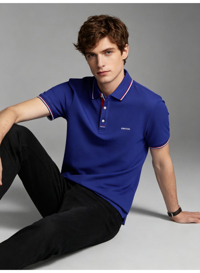 GEOX Unisex Short Sleeve Collar Polo Shirt, Contrast Striped Cuff & Collar, Casual Daily Wear, Royal Blue - Image 5